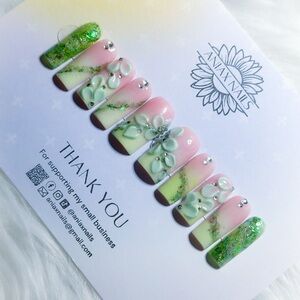 Nuetral Pink and Green Ombre Floral Press On Nail Set